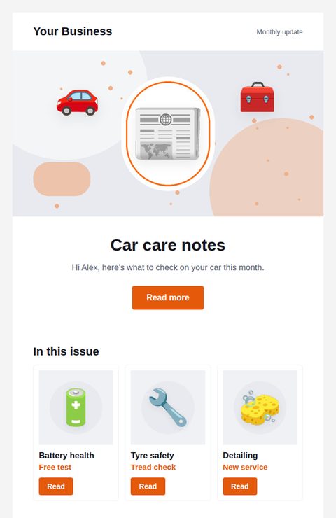 Monthly newsletter email template for automotive and car care