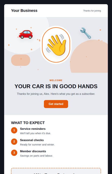 Welcome email email template for automotive and car care