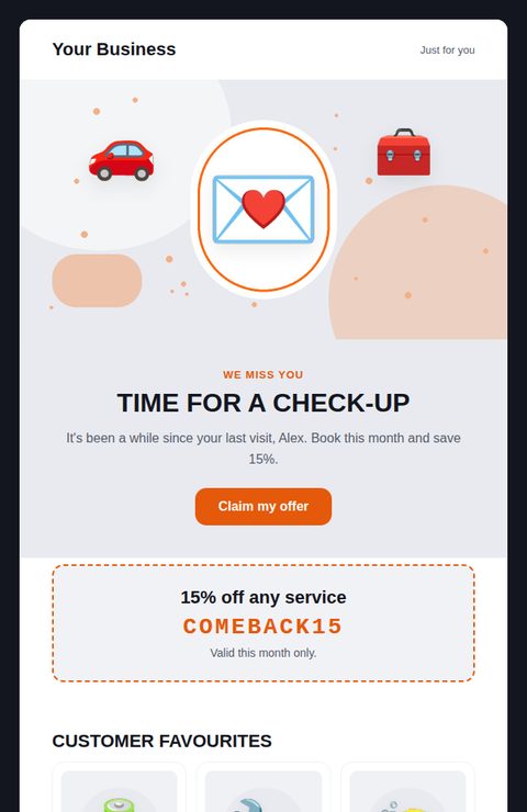 Win-back offer email template for automotive and car care