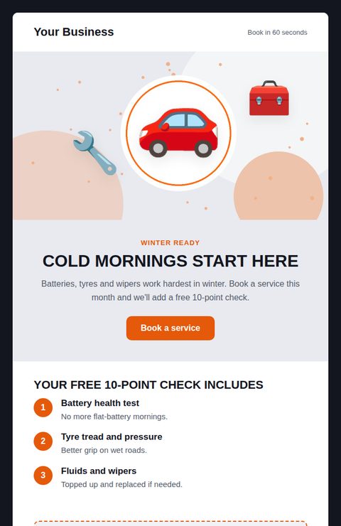 Seasonal service reminder email template for automotive and car care