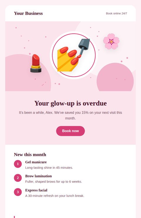 Book your next appointment email template for beauty and salons