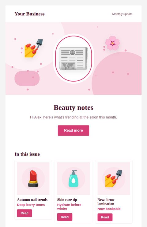 Monthly newsletter email template for beauty and salons