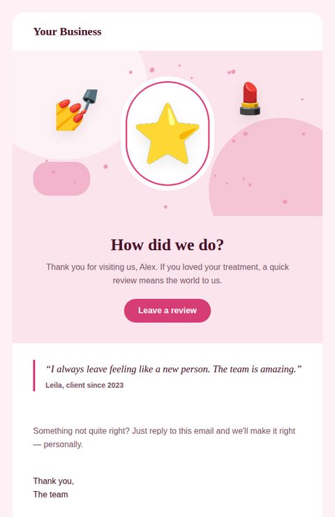 Review request email template for beauty and salons