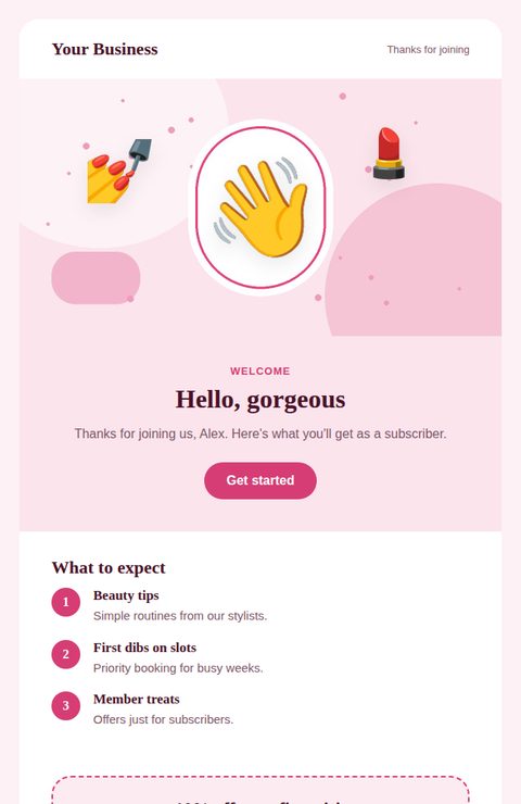 Welcome email email template for beauty and salons