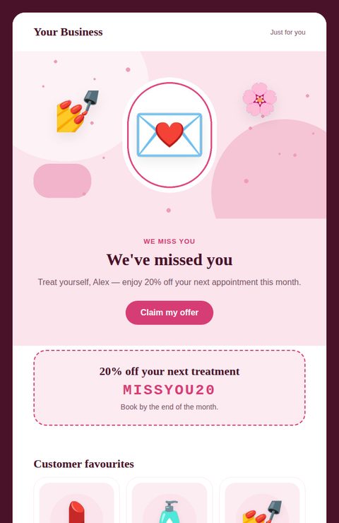 Win-back offer email template for beauty and salons