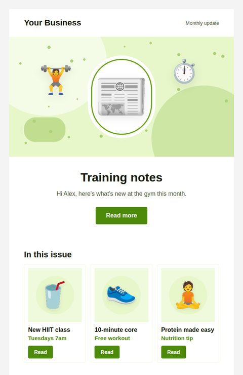 Monthly newsletter email template for fitness and gyms