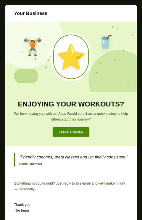 Review request email template for fitness and gyms