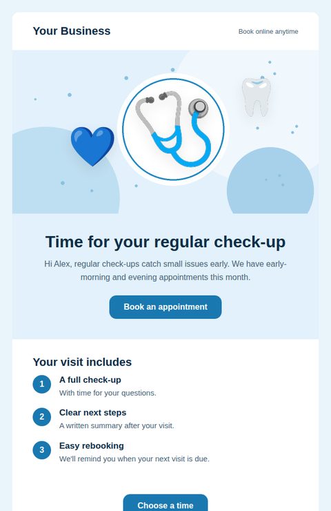 Check-up reminder email template for health and clinics