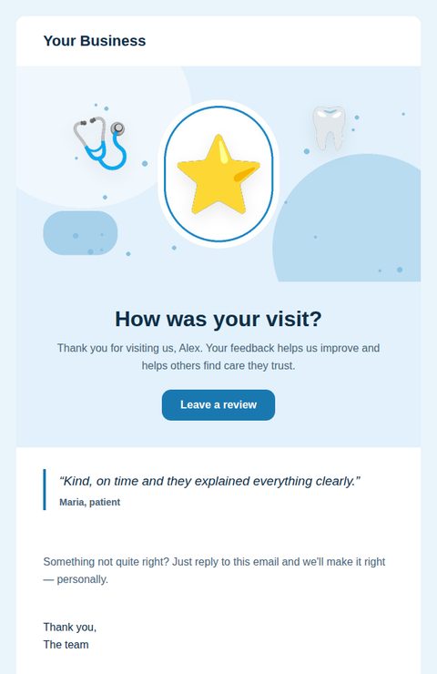 Review request email template for health and clinics