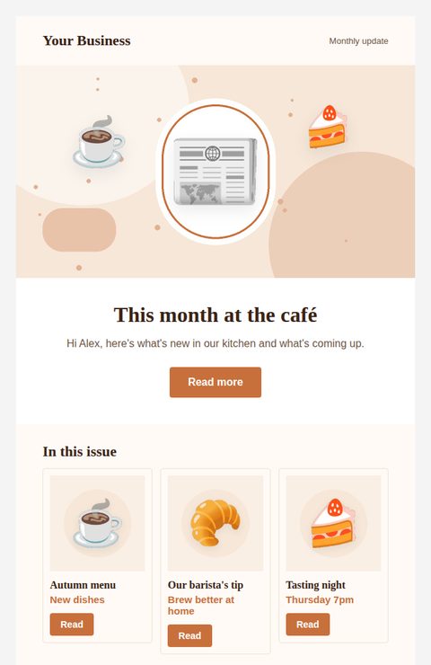 Monthly newsletter email template for restaurants and cafés