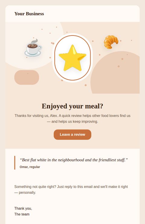 Review request email template for restaurants and cafés