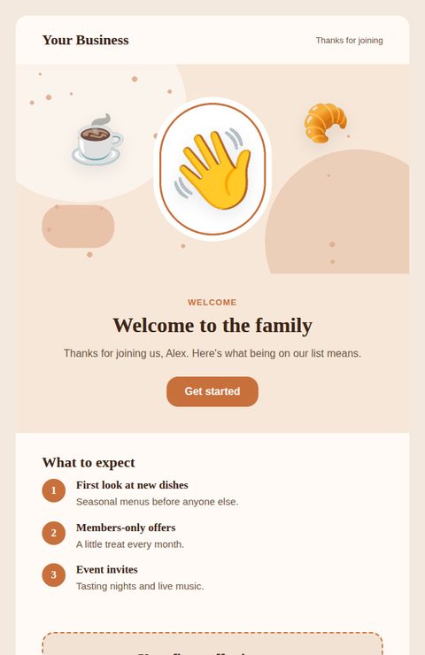 Welcome email email template for restaurants and cafés