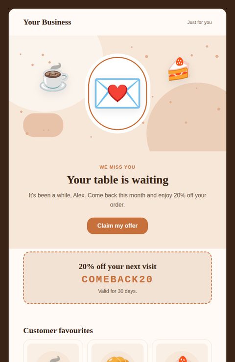 Win-back offer email template for restaurants and cafés