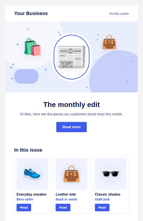 Monthly newsletter email template for retail and online shops