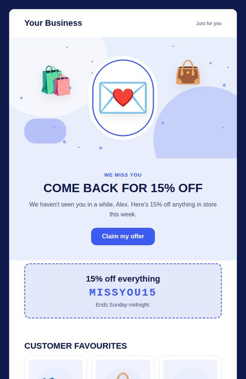 Win-back offer email template for retail and online shops