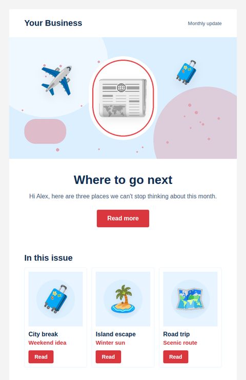 Monthly newsletter email template for travel and events