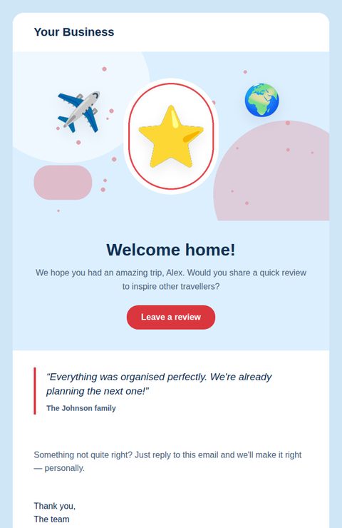 Review request email template for travel and events