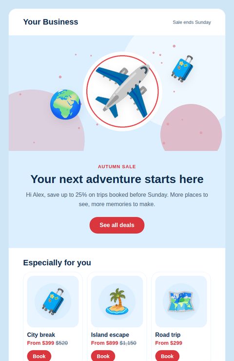 Seasonal travel sale email template for travel and events