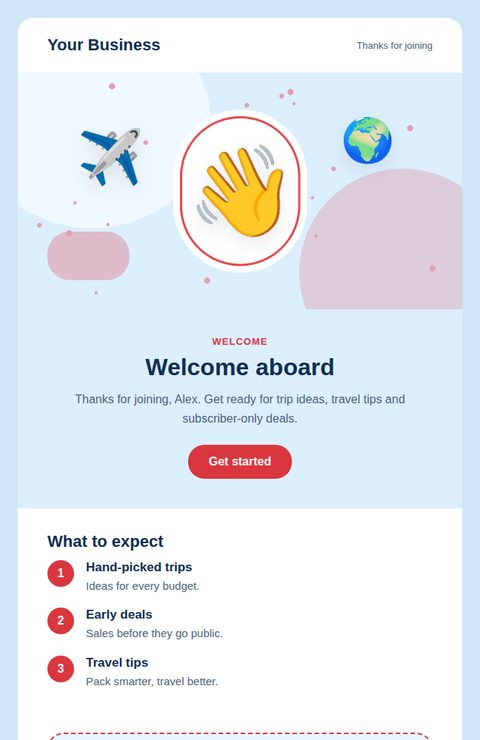 Welcome email email template for travel and events