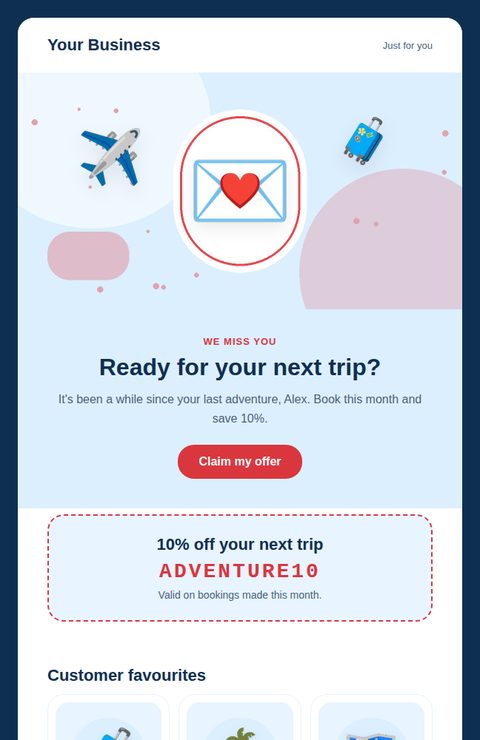 Win-back offer email template for travel and events