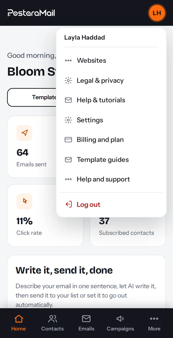 The account menu