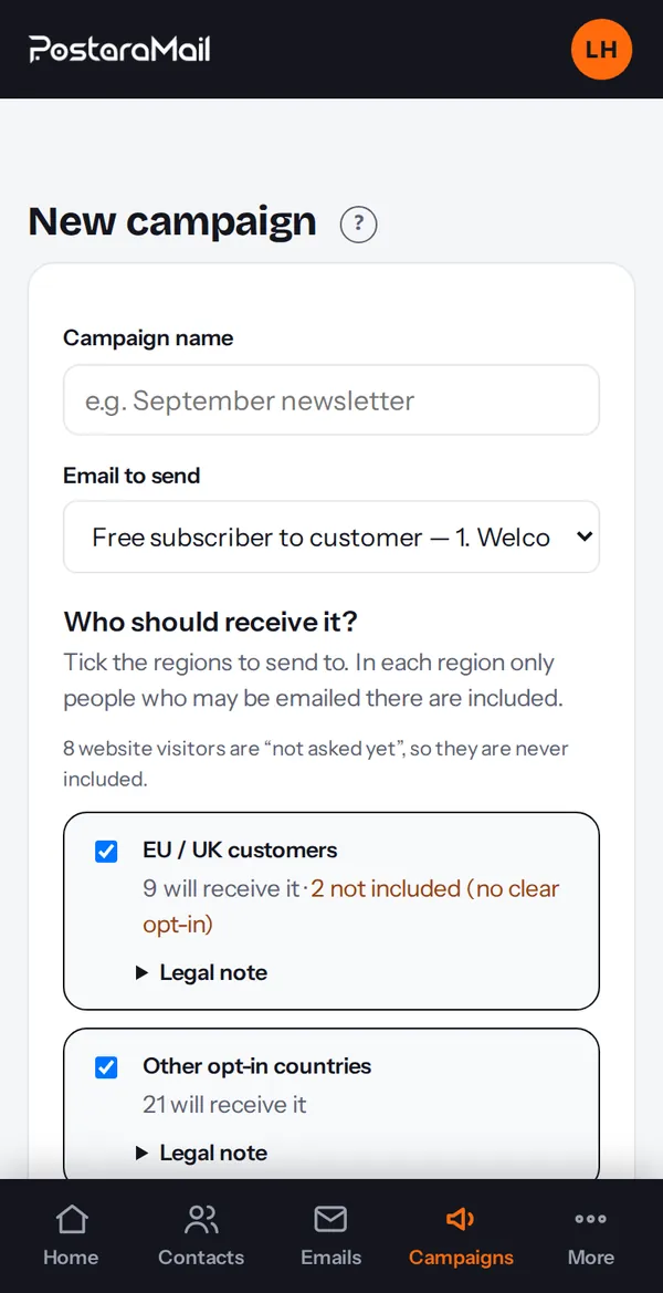 The New campaign page