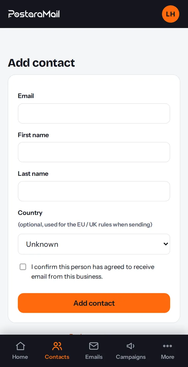 The Add contact form with country
