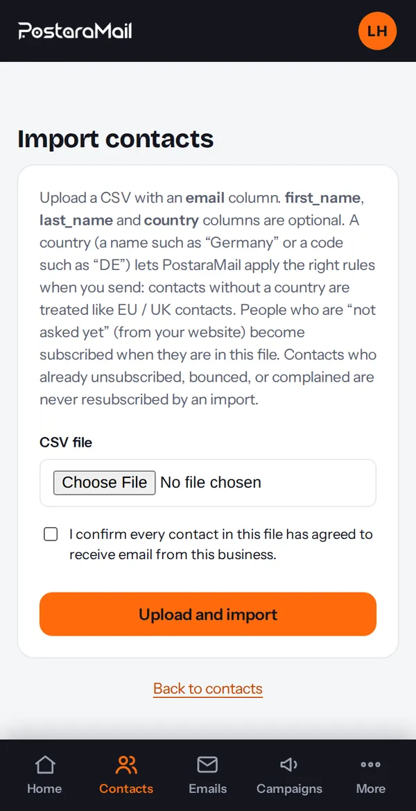The CSV import page