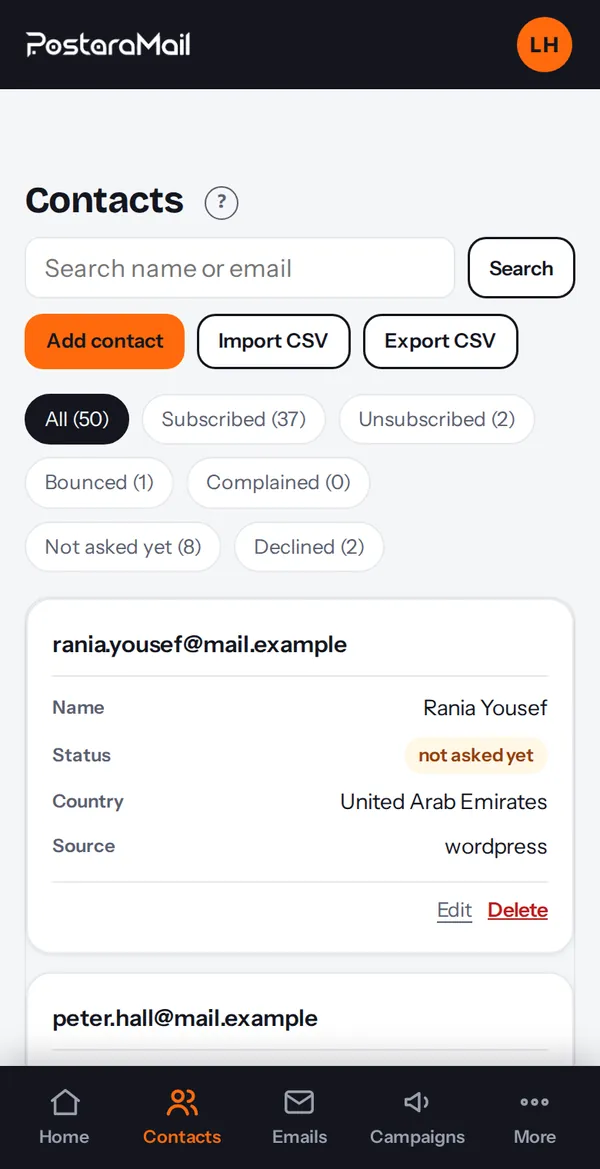 The Contacts list with filters