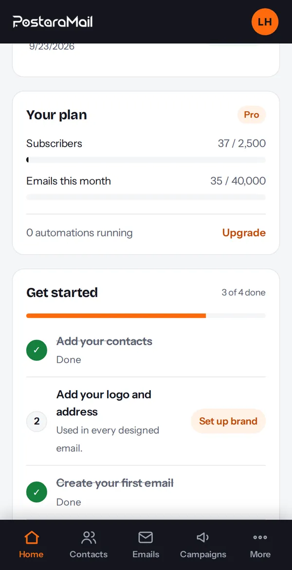 The dashboard with the Get started checklist