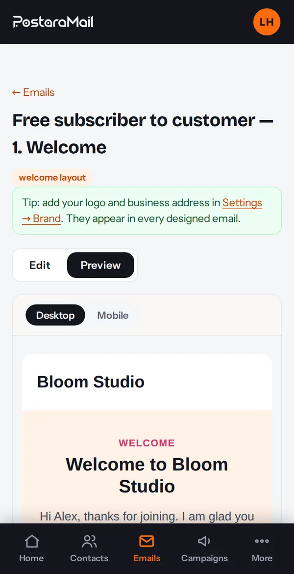 Mobile preview of an email