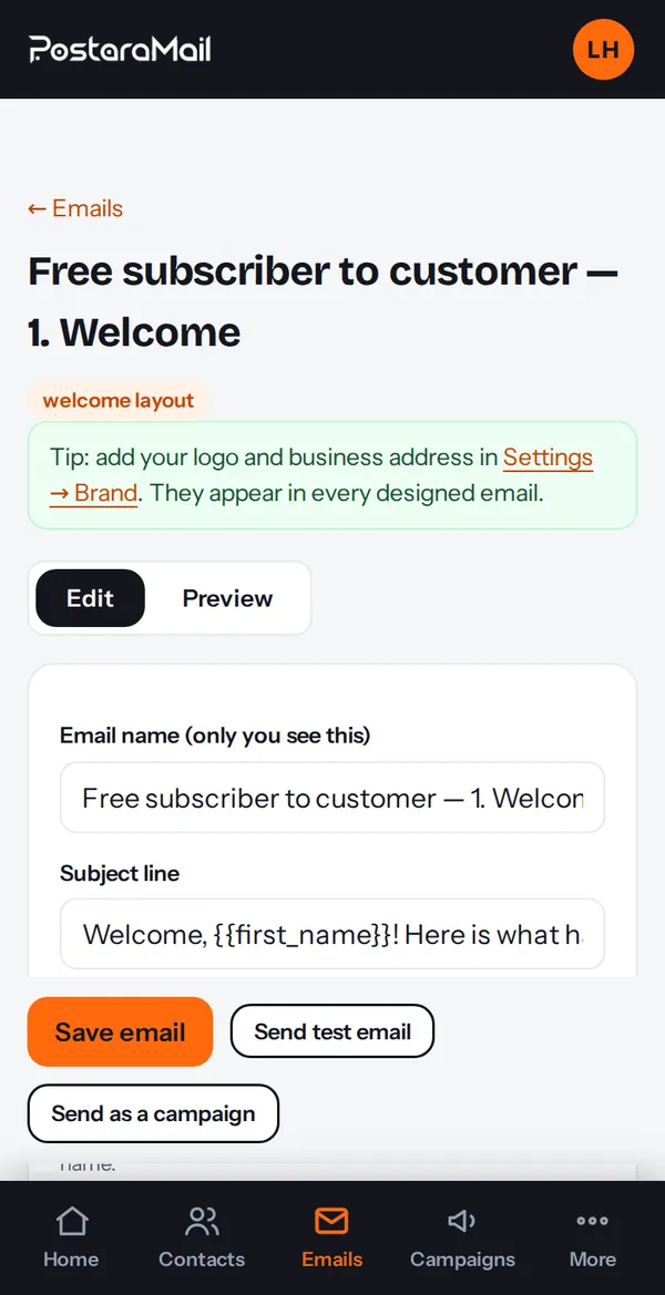 The visual email editor