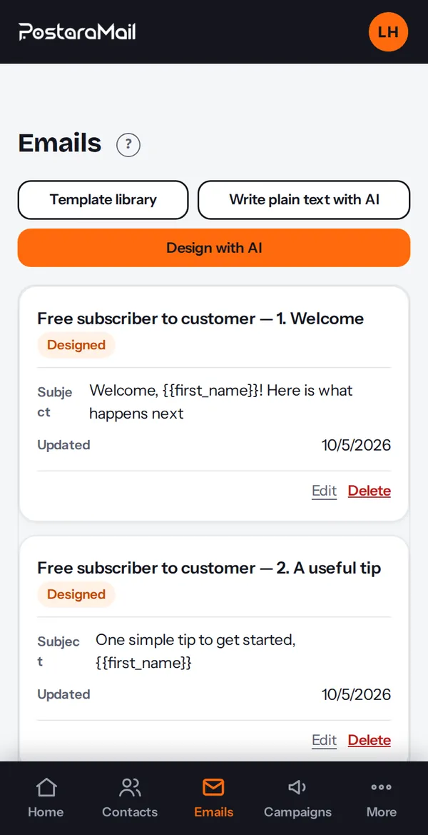 The Emails page