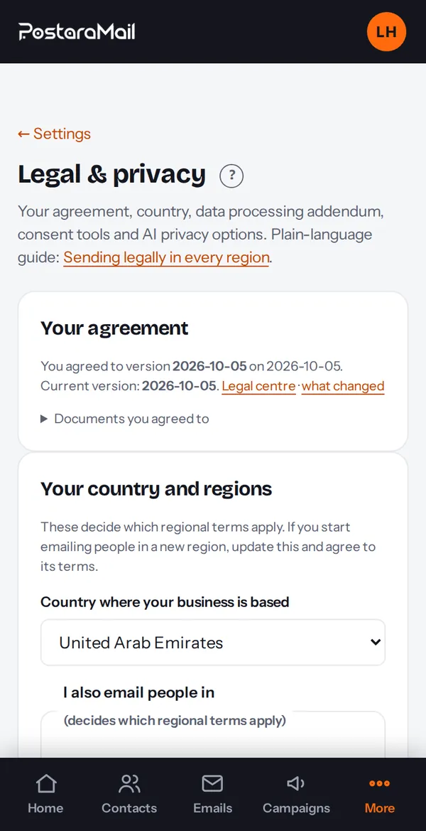 The Legal and privacy page