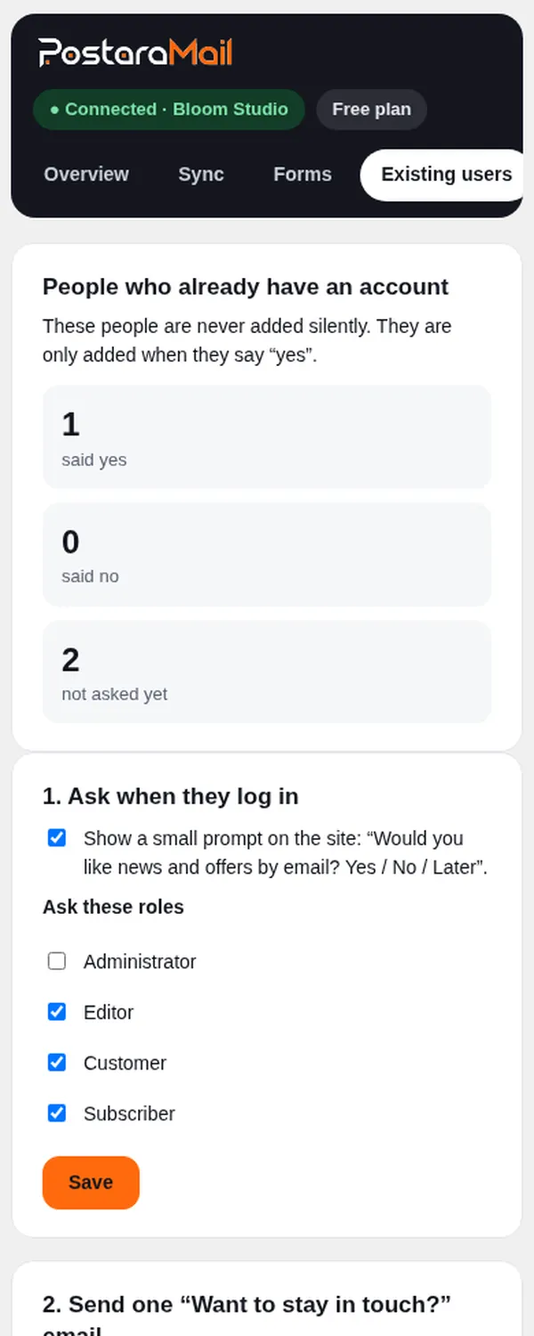 The Existing users tab