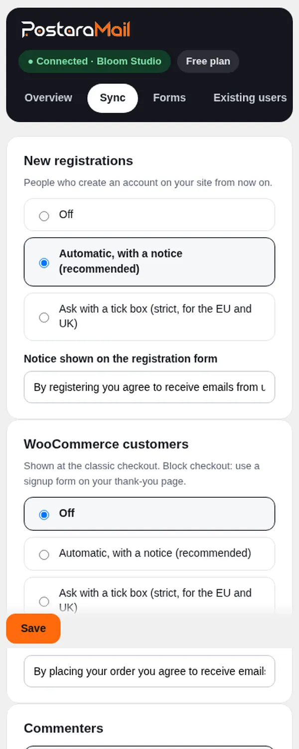 The plugin Sync tab