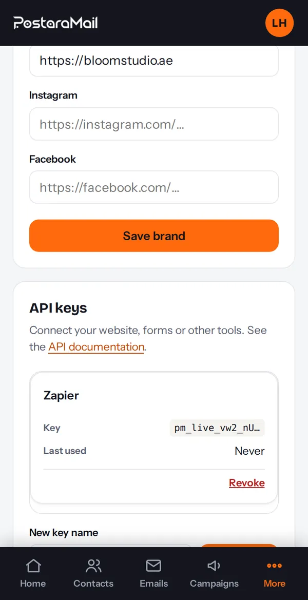 The API keys card