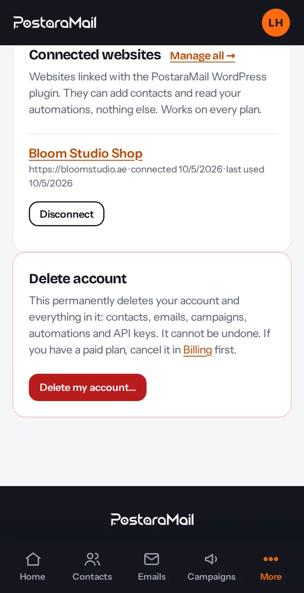 The Delete account card