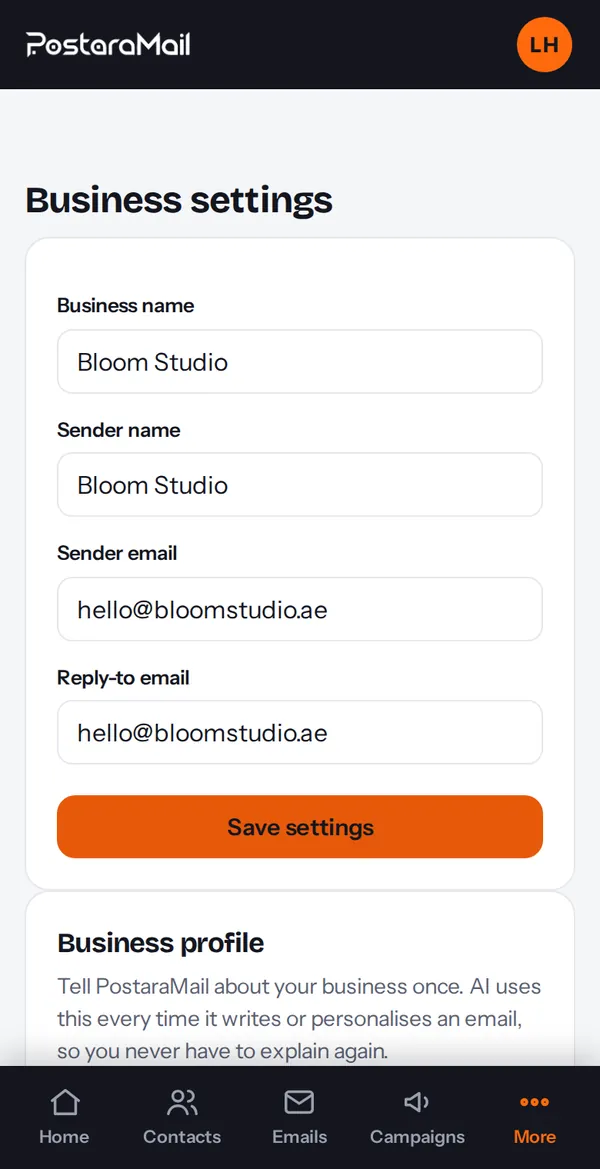 The Settings page