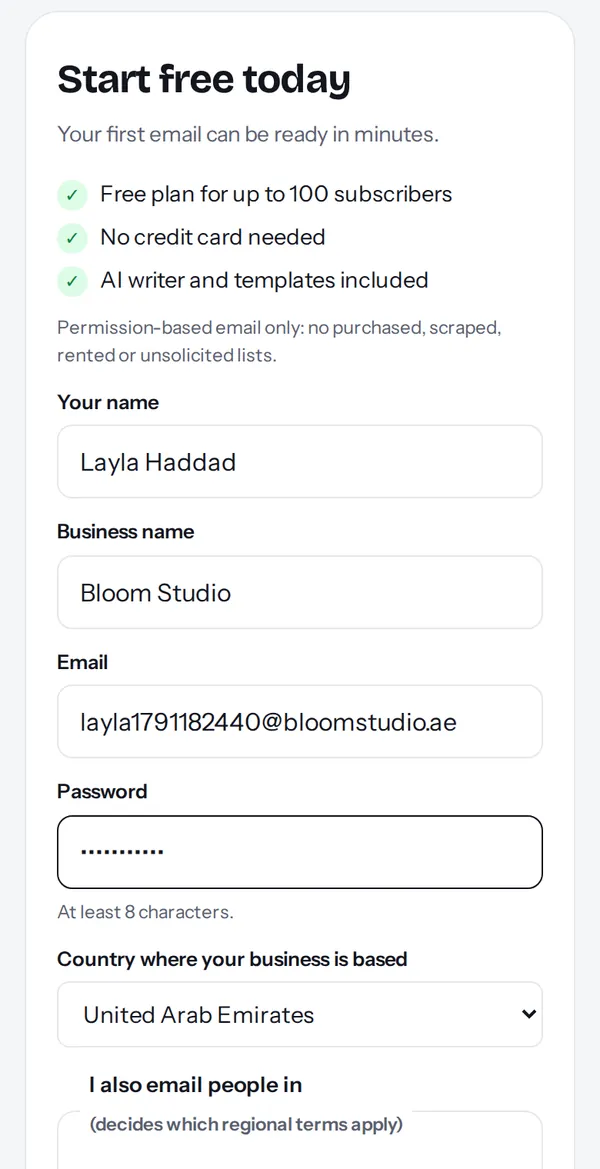 The PostaraMail signup form